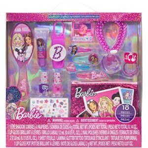 barbie - townley girl 18 pcs cosmetic makeup gift box set includes lip gloss, nail polish, eye shadow, hair accessories and more! for kids girls, ages 3+ perfect for parties, sleepovers and makeovers