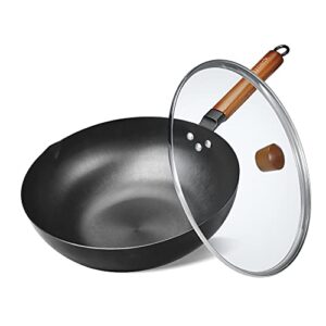 hyoank wok pan, 12.5'' flat bottom iron woks, woks and stir fry pans with lid, carbon steel wok suits for all stoves