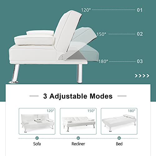 POWERSTONE Leather Futon Sofa Bed Convertible Folding Couch for Living Room Sectional Sleeper Sofa for Small Space with Cup Holder and Removable Armrest White