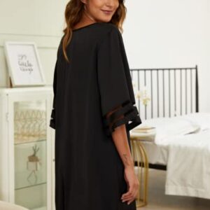 Ekouaer Satin Nightgown for Women Boyfriend Plus Size Night Gowns V Neck Sleep Shirts Loose Sexy Sleepwear Dress Black