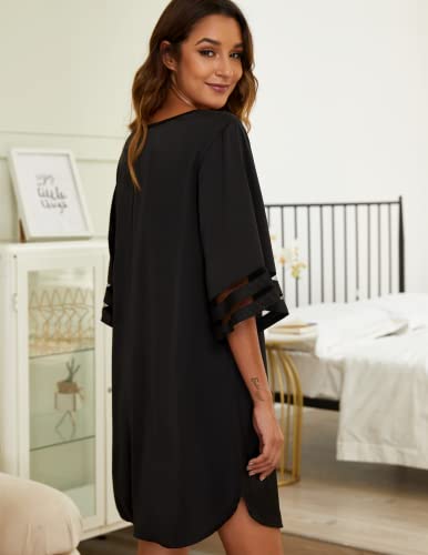 Ekouaer Satin Nightgown for Women Boyfriend Plus Size Night Gowns V Neck Sleep Shirts Loose Sexy Sleepwear Dress Black