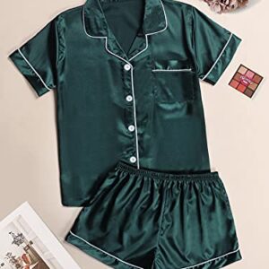 DIDK Women's Sleepwear Satin Short Sleeve Button Front 2 Piece Pajama Set Dark Green L