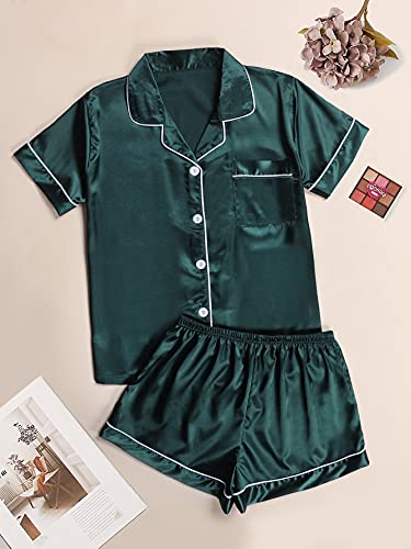 DIDK Women's Sleepwear Satin Short Sleeve Button Front 2 Piece Pajama Set Dark Green L