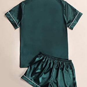 DIDK Women's Sleepwear Satin Short Sleeve Button Front 2 Piece Pajama Set Dark Green L