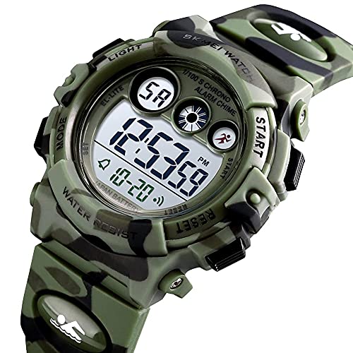 GOLDEN HOUR Watches for Kids Digital Sport Waterproof Boys Watch Outdoor 12/24 H Alarm EL Backlight Stopwatch Military Child Wristwatch Ages 5-15 (Camouflage Green)