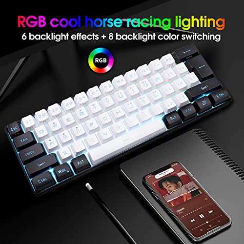 60% Wired Gaming Keyboard, RGB Backlit Ultra Compact Mini Keyboard, Waterproof Mini Compact 61-Key Keyboard for PC/Mac Gamers, Typist, Travel, Easy Travel (Black & White)