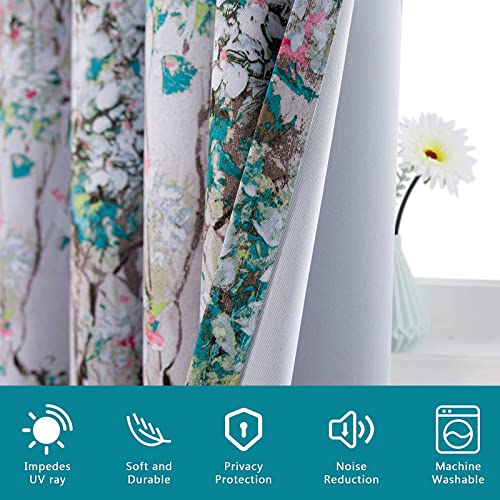 MYSKY HOME Floral Blackout Curtains 84 inches Long 2 Panels Pink and Blue Floral Thermal Insulated Ink Vintage Flower Printed Window Grommet for Bedroom Living Room