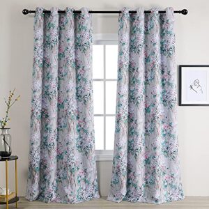 MYSKY HOME Floral Blackout Curtains 84 inches Long 2 Panels Pink and Blue Floral Thermal Insulated Ink Vintage Flower Printed Window Grommet for Bedroom Living Room