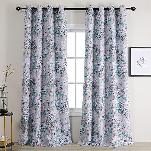 MYSKY HOME Floral Blackout Curtains 84 inches Long 2 Panels Pink and Blue Floral Thermal Insulated Ink Vintage Flower Printed Window Grommet for Bedroom Living Room