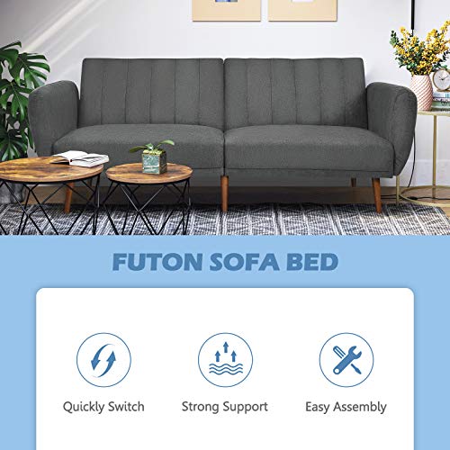 POWERSTONE Futon Sofa Bed - Convertible Sofa Couch Sleeper with Armrest and Wood Legs Foam Cushion Living Room Furniture Home Recliner 82.5”, Grey