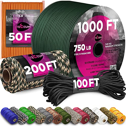 TECEUM Paracord Type IV 750 lb Black 016 – 100 ft – 4mm – 100% Nylon Strong Tactical MIL–SPEC Parachute Cord – Survival Rope Emergency para Cord 11 Strands Core EDC Camping Hiking Military Gear 016a