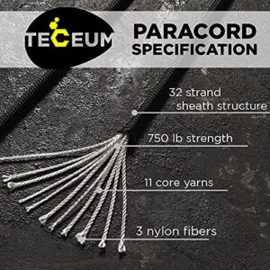 TECEUM Paracord Type IV 750 lb Black 016 – 100 ft – 4mm – 100% Nylon Strong Tactical MIL–SPEC Parachute Cord – Survival Rope Emergency para Cord 11 Strands Core EDC Camping Hiking Military Gear 016a