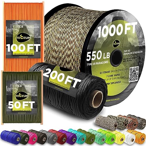 TECEUM Paracord Type III 550 Black –100 ft – 4mm – Tactical Rope MIL-SPEC – Outdoor para Cord –Camping Hiking Fishing Gear and Equipment EDC Parachute Cord Strong Survival Utility Rope 016