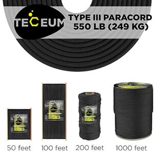 TECEUM Paracord Type III 550 Black –100 ft – 4mm – Tactical Rope MIL-SPEC – Outdoor para Cord –Camping Hiking Fishing Gear and Equipment EDC Parachute Cord Strong Survival Utility Rope 016