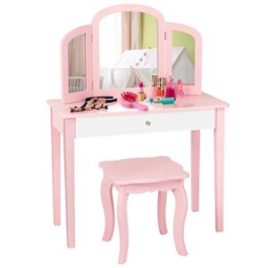 kotek kids vanity set w/tri-folding mirror, princess makeup dressing table w/detachable top & drawer, 2-in-1 vanity table and chair set, pretend beauty play vanity for girls (pink)