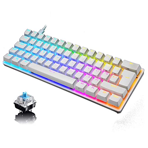 Compact 60% Mechanical Gaming Keyboard with Ergonomic Anti-ghosting Mini 61 Key Layout Rainbow RGB Backlight Waterproof Metal Plate Type-C USB Wired for PC Mac Gamer Office Typist (White/Blue Switch)