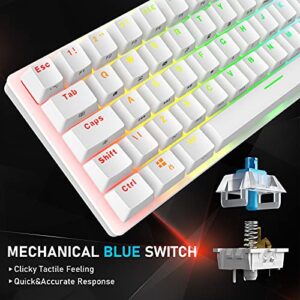 Compact 60% Mechanical Gaming Keyboard with Ergonomic Anti-ghosting Mini 61 Key Layout Rainbow RGB Backlight Waterproof Metal Plate Type-C USB Wired for PC Mac Gamer Office Typist (White/Blue Switch)