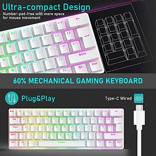 Compact 60% Mechanical Gaming Keyboard with Ergonomic Anti-ghosting Mini 61 Key Layout Rainbow RGB Backlight Waterproof Metal Plate Type-C USB Wired for PC Mac Gamer Office Typist (White/Blue Switch)