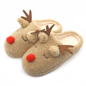 SKYWHEEL Adult Reindeer Slippers for Womens Size 8-9 House Indoor Bedroom Furry Durable Lightweight And Non-Slip (Brown,M)