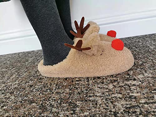 SKYWHEEL Adult Reindeer Slippers for Womens Size 8-9 House Indoor Bedroom Furry Durable Lightweight And Non-Slip (Brown,M)