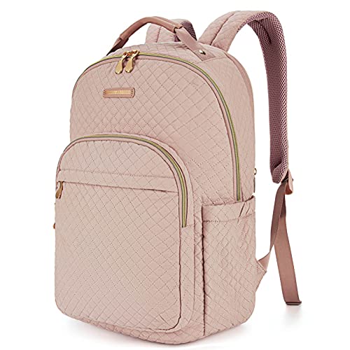 LIGHT FLIGHT Travel Laptop Backpack Women, 15.6 Inch Anti Theft Laptop Backpack with USB Charging Hole Water Resistant Casual Daypack College Bookbags Computer Backpack for Work, Quilted Pink