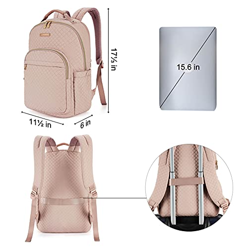 LIGHT FLIGHT Travel Laptop Backpack Women, 15.6 Inch Anti Theft Laptop Backpack with USB Charging Hole Water Resistant Casual Daypack College Bookbags Computer Backpack for Work, Quilted Pink