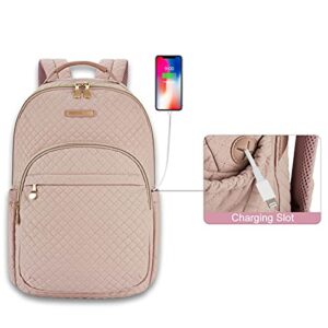 LIGHT FLIGHT Travel Laptop Backpack Women, 15.6 Inch Anti Theft Laptop Backpack with USB Charging Hole Water Resistant Casual Daypack College Bookbags Computer Backpack for Work, Quilted Pink