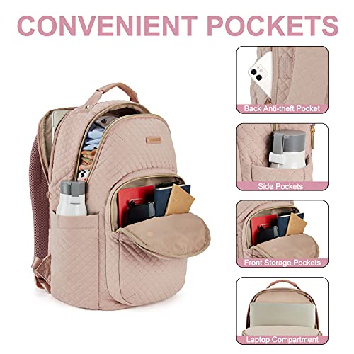 LIGHT FLIGHT Travel Laptop Backpack Women, 15.6 Inch Anti Theft Laptop Backpack with USB Charging Hole Water Resistant Casual Daypack College Bookbags Computer Backpack for Work, Quilted Pink