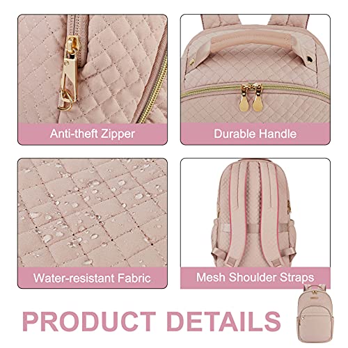 LIGHT FLIGHT Travel Laptop Backpack Women, 15.6 Inch Anti Theft Laptop Backpack with USB Charging Hole Water Resistant Casual Daypack College Bookbags Computer Backpack for Work, Quilted Pink