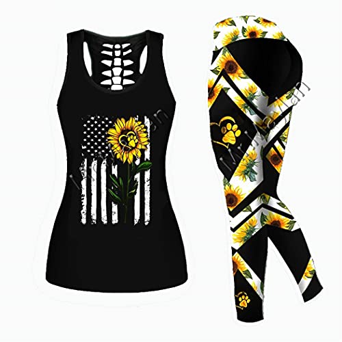 Sunflowers Heart Dog-Paw Print 3D Hollow Tanktop, Women Sexy Vest Girls Fashion Tank Tops, Leggings And Vest Set tanktops n leggings S