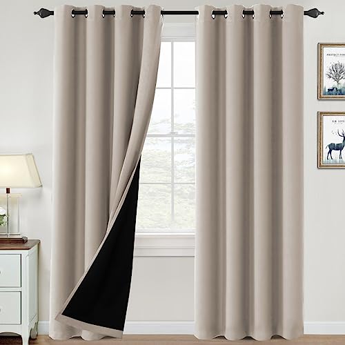 H.VERSAILTEX 100% Blackout Curtains for Bedroom Thermal Insulated Blackout Curtains 84 inch Length Heat and Full Light Blocking Curtains for Living Room with Black Liner 2 Panels Set, Natural Sand