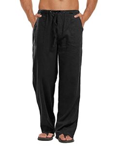 audate mens casual pants linen lounge trousers loose elasticated waist pant with drawstring black m