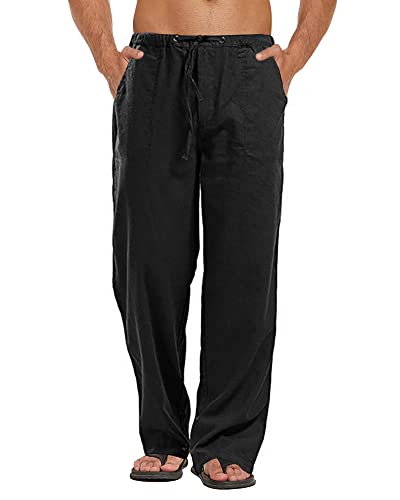 AUDATE Mens Casual Pants Linen Lounge Trousers Loose Elasticated Waist Pant with Drawstring Black M