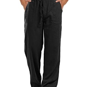AUDATE Mens Casual Pants Linen Lounge Trousers Loose Elasticated Waist Pant with Drawstring Black M