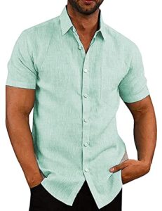 coofandy mens shirt casual button down chambray plain dress, linen - light green, large, short sleeve