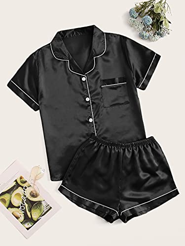 WDIRARA Women's Plus Sleepwear Satin Short Sleeve Shirt and Shorts Pajama Set Black 4XL