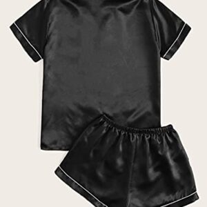 WDIRARA Women's Plus Sleepwear Satin Short Sleeve Shirt and Shorts Pajama Set Black 4XL