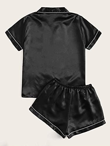 WDIRARA Women's Plus Sleepwear Satin Short Sleeve Shirt and Shorts Pajama Set Black 4XL