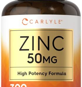 Zinc 50mg | 300 Tablets | Vegetarian, Non-GMO, and Gluten Free Supplement | Zinc Gluconate | High Potency Formula | by Carlyle