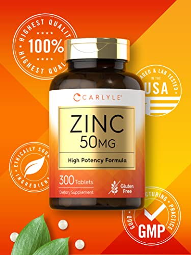 Zinc 50mg | 300 Tablets | Vegetarian, Non-GMO, and Gluten Free Supplement | Zinc Gluconate | High Potency Formula | by Carlyle