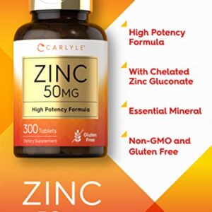 Zinc 50mg | 300 Tablets | Vegetarian, Non-GMO, and Gluten Free Supplement | Zinc Gluconate | High Potency Formula | by Carlyle