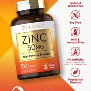 Zinc 50mg | 300 Tablets | Vegetarian, Non-GMO, and Gluten Free Supplement | Zinc Gluconate | High Potency Formula | by Carlyle