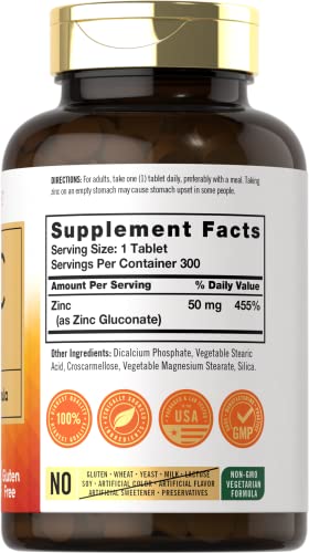 Zinc 50mg | 300 Tablets | Vegetarian, Non-GMO, and Gluten Free Supplement | Zinc Gluconate | High Potency Formula | by Carlyle