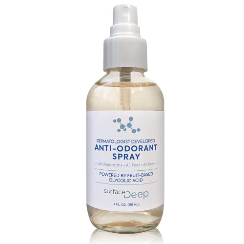 Surface Deep • Anti-Odorant Spray • Dermatologist Developed, Aluminum Free, Clean, Glycolic Powered • Underarm and Foot Natural Spray Deodorant for Women and Men • Vegan • Cruelty Free • 4.0 oz