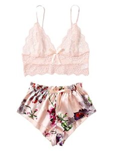 wdirara women's pajamas set lace satin lingerie with cami floral shorts sleepwear pink m