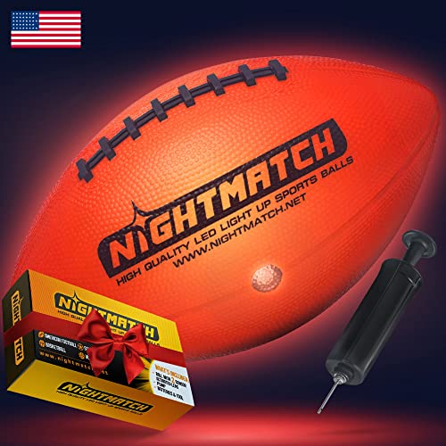 NIGHTMATCH Glow in The Dark Football - Ultra Bright Waterproof LED Light Up Football - Pump & Batteries incl. - Official Size 6 LED Football for Indoor & Outdoor - Ideal Gift for Kids, Youth & Adults