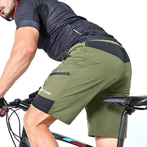 Sportneer Mens Mountain Bike Shorts - 3D Padding MTB Cycling Shorts for Men with Liner and Loose Fit (Large, Green)