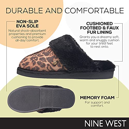 NINE WEST Scuff Slippers For Women, Extra Soft & Comfortable Winter House Shoes, Leopard, Medium 7-8