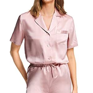 LilySilk Women's Silk Pajamas Short Sleeve Sleepwear Button Down 19 Momme 100% Mulberry Silk Two Piece Pajama Set Rosy Pink S