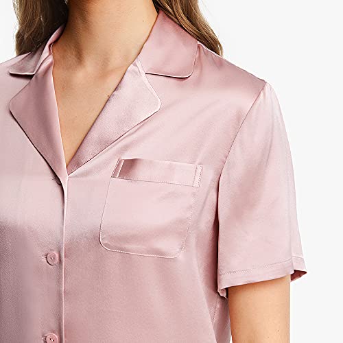 LilySilk Women's Silk Pajamas Short Sleeve Sleepwear Button Down 19 Momme 100% Mulberry Silk Two Piece Pajama Set Rosy Pink S